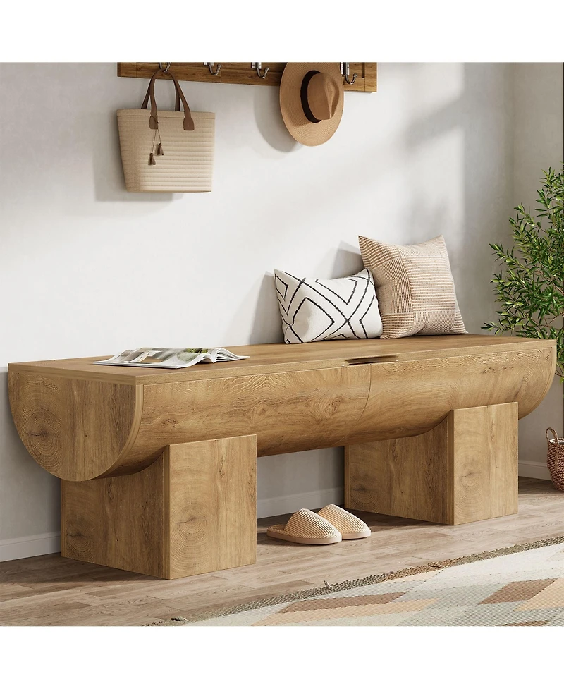 Tribesigns Storage Bench with Safety Hinges, 55 Inch Farmhouse Shoe Bench with Flip-Top, Natural