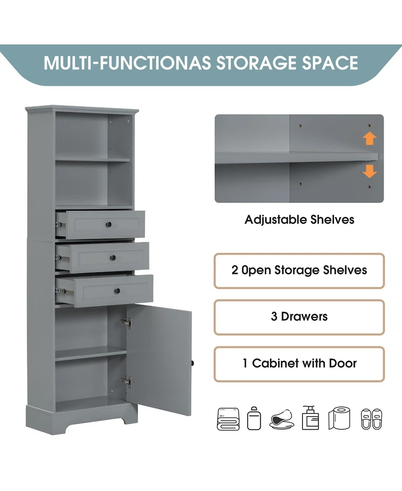 Rainsken Bathroom Storage Cabinet, with 3 Drawers and Adjustable Shelves, Modern Cabinet
