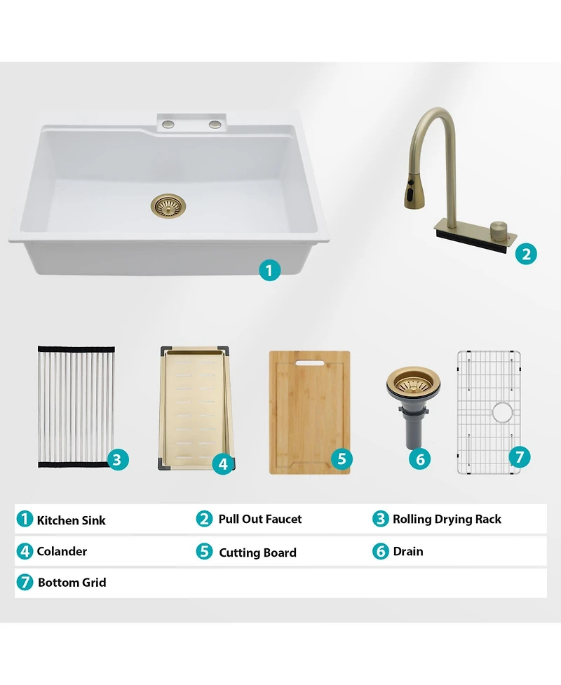 flynama 33x22x10inch White Composite Granite Quartz Drop In Single Bowl Workstation Waterfall Kitchen Sink with Pull Down Faucet