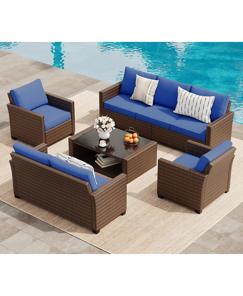 Patio Furniture Set 5 Pieces, Rattan Wicker Sectional Patio Seating Sofas with Cushions and Glass Coffee Table