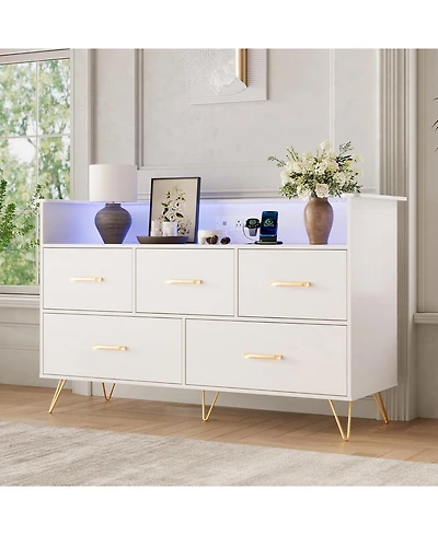 gaomon 5 Drawer Dresser for Bedroom, 47 Modern Wooden with Led Lights & Charging Station