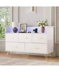 gaomon 5 Drawer Dresser for Bedroom, 47 Modern Wooden with Led Lights & Charging Station