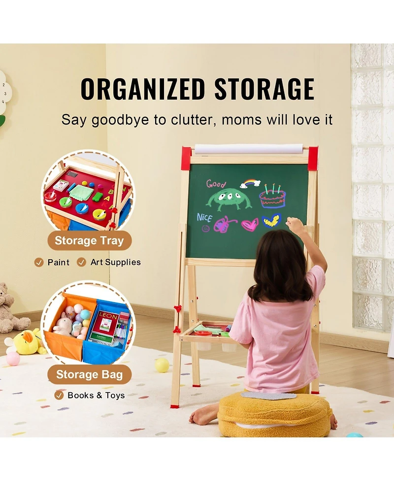 Slickblue 3-in-1 Art Easel for Kids Wooden Double-Sided Kid's Art Easel with Magnetic Whiteboard, Chalkboard, Paper Roll