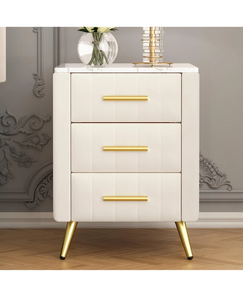 Rainsken Velvet Nightstand with 3 Drawers, Upholstered Bedside Table with Faux Marble Top and Metal Legs for Bedroom and Living Room