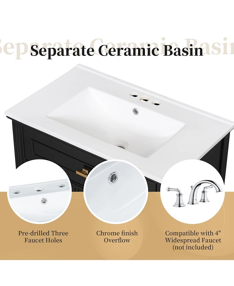 Cesicia 30 in. Bathroom Vanity Cabinet with Sink, One Flip Drawer and Two Drawers, Adjustable Shelf, Solid Wood Mdf