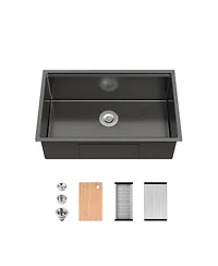 flynama 30inch Undermount Single Bowl Black 304 Stainless Steel Handmade Kitchen Sink with Cutting Board and Colander