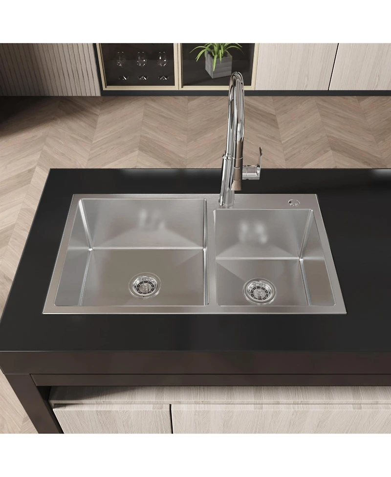 flynama 32inch Overmount Double Bowl Brushed Nickel 304 Stainless Steel Handmade Kitchen Sink Ls SSBR03 with Us Standard Drain and Hook