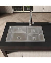 flynama 32inch Overmount Double Bowl Brushed Nickel 304 Stainless Steel Handmade Kitchen Sink Ls SSBR03 with Us Standard Drain and Hook