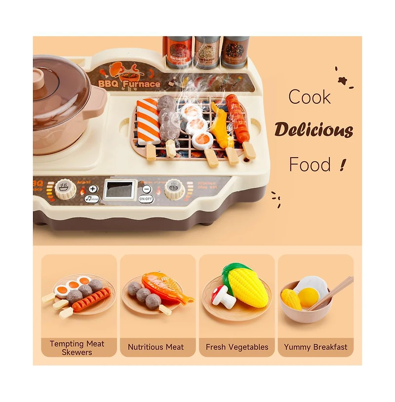 Bruce & Shark 36-Piece Grill & Cook Playset for Kids with Realistic Mist Spray & Sizzle Sound for Pretend Bbq