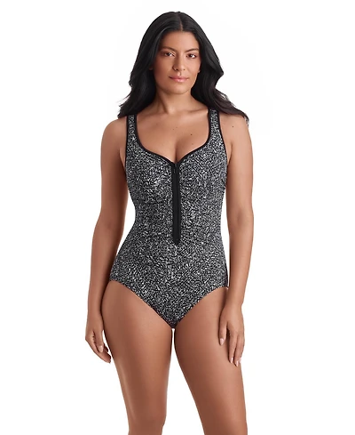 ShapeSolver Women's Shirred Zipper One-Piece Swimsuit