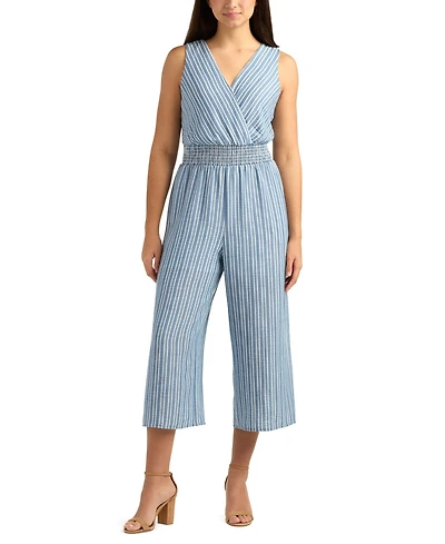 Bcx Juniors' Striped Surplice Sleeveless Smocked Jumpsuit