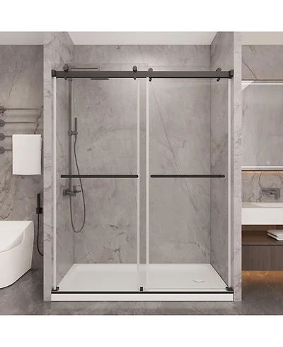 Lovmor 56 to 60in W x 76in H Frameless Shower Door Double Sliding Shower Door with Premium 6mm Thick Tempered Glass Stainless Steel Brushed Gold