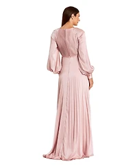 Mac Duggal Women's Petite Long Sleeve Pleated High Neck Gown With Slit Dress