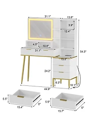 gaomon Fluted Vanity Desk with Mirror and Lights, Makeup Vanity Desk with 5 Drawers & Adjustable Shelves
