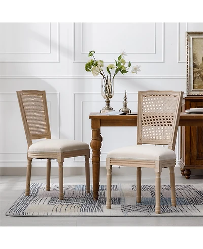 Boyel Living French Style Solid Wood Frame Linen Fabric Square Rattan Back Dining Chair,Set of 2,Cream
