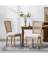 Boyel Living French Style Solid Wood Frame Linen Fabric Square Rattan Back Dining Chair,Set of 2,Cream