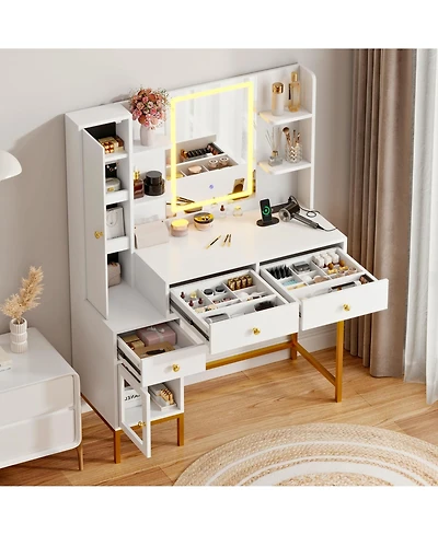 gaomon Makeup Vanity with Lights, 3 Lighting Modes Vanity Desk with Soft Cushioned Stool,Modern Dressing Table,Charging Station, 3 Drawers, a Cabinet