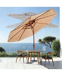 Mecale 9 ft Tiki Patio Umbrella with Tilt, 2-Tier Thatched Hawaiian Style Beach Parasol with Pp Thatch and 8 Metal Ribs