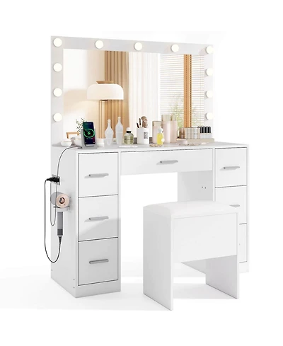 Costway Vanity Desk with Mirror and Lights Storage Stool Power Outlets 3 Lighting Colors