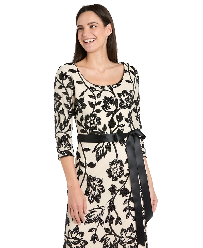R & M Richards Petite Floral Sequin Beaded Scoop Neck Dress