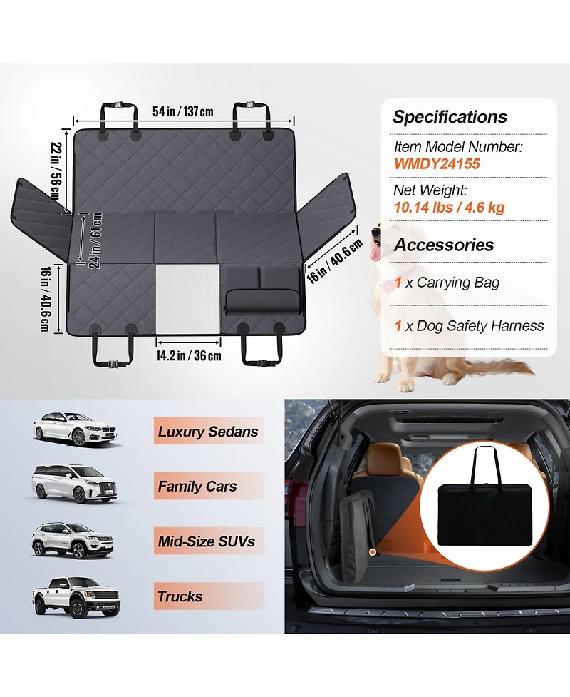 Cozito Back Seat Extender for Dogs, Waterproof Hard-Bottom Dog Hammock/Seat Cover, 54 x 24 in, 400 lb Support, Mesh Window & Storage Pocket, Car/Suv