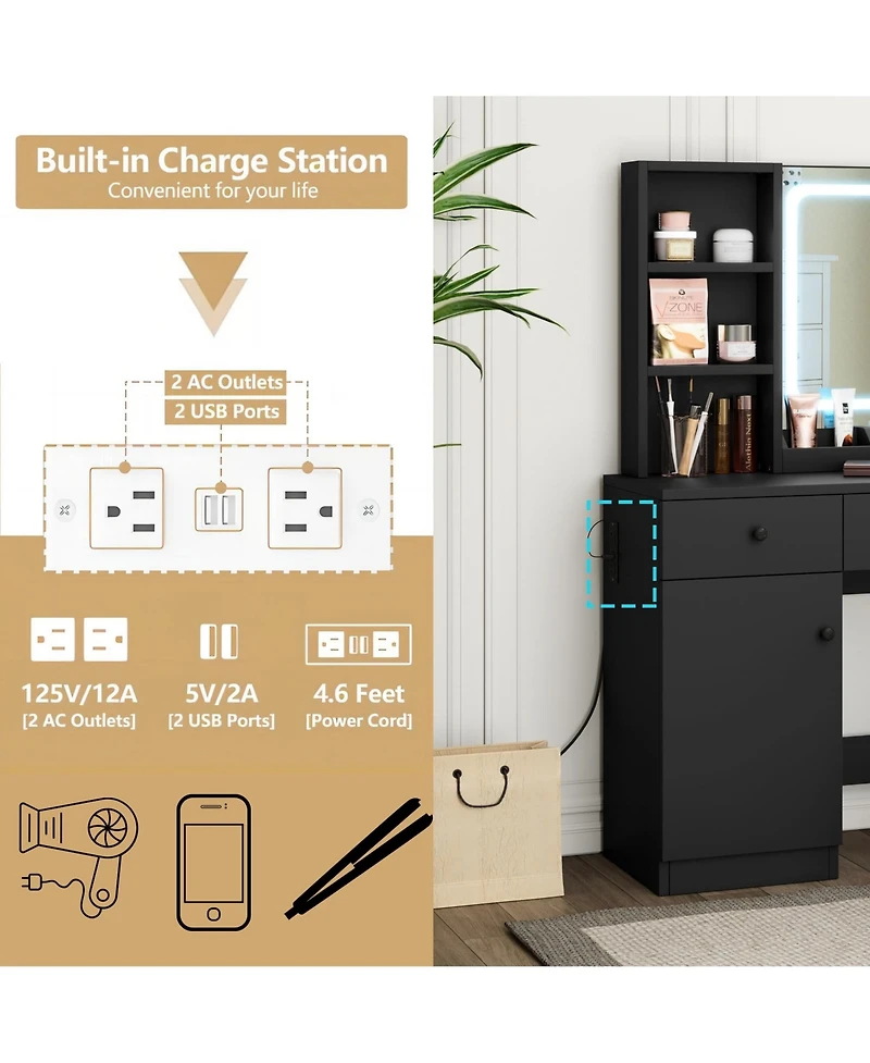 gaomon Makeup Vanity Desk with Mirror and Lights, Vanity Table Set with Drawer & Power Outlet