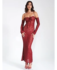 Miss Circle Women's Udaya Burgundy Lace Long Sleeve Maxi Dress