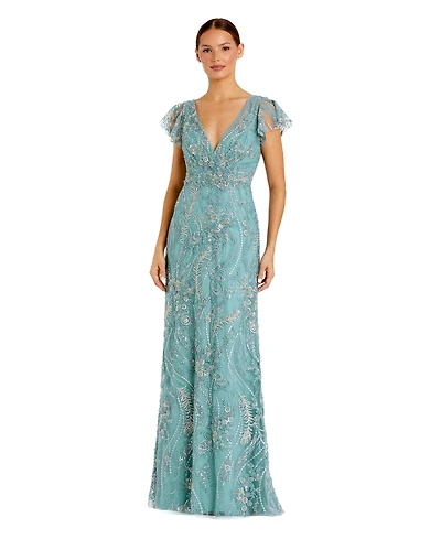 Mac Duggal Petite V Neck Flutter Sleeve Floral Embroidered Gown