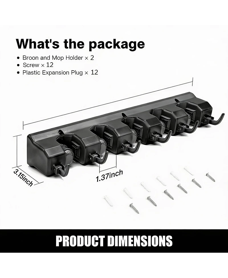 Yigii 5 Ball Slots 6 Hooks Wall Mop & Broom Organizer