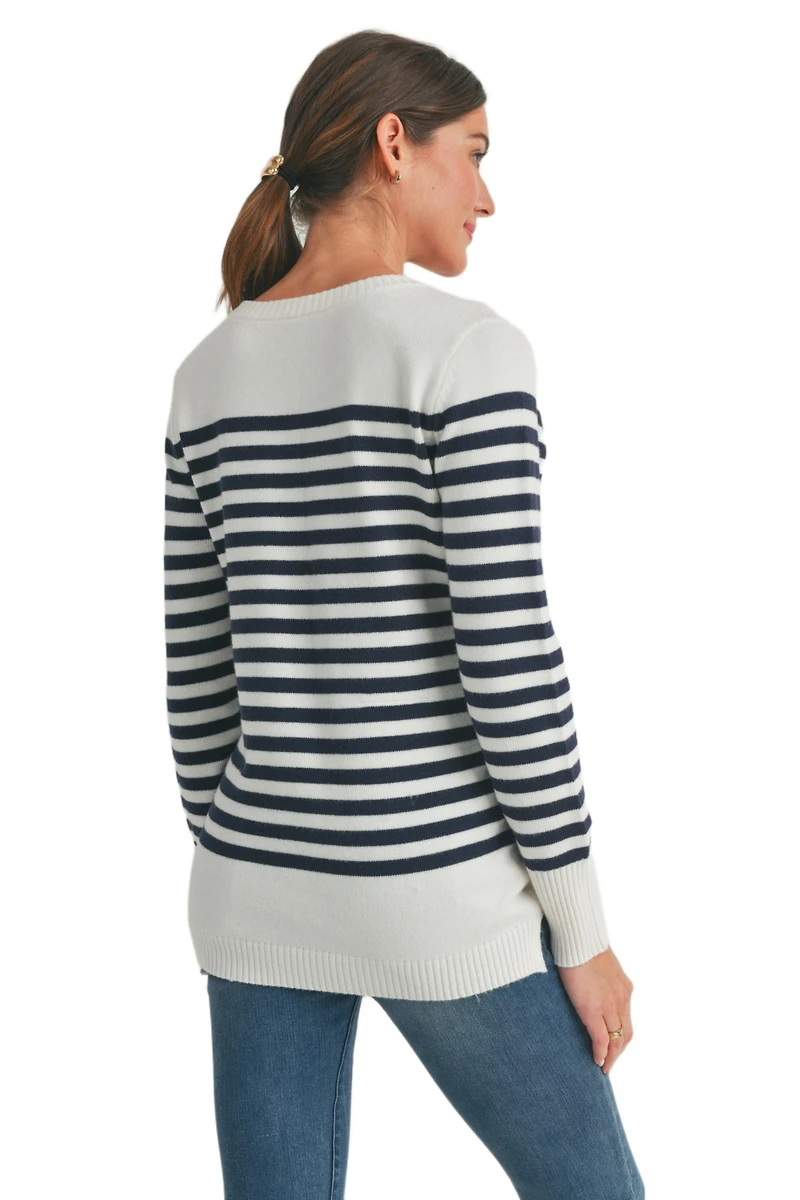 Hello Miz Maternity Striped Button Shoulder Nursing Sweater