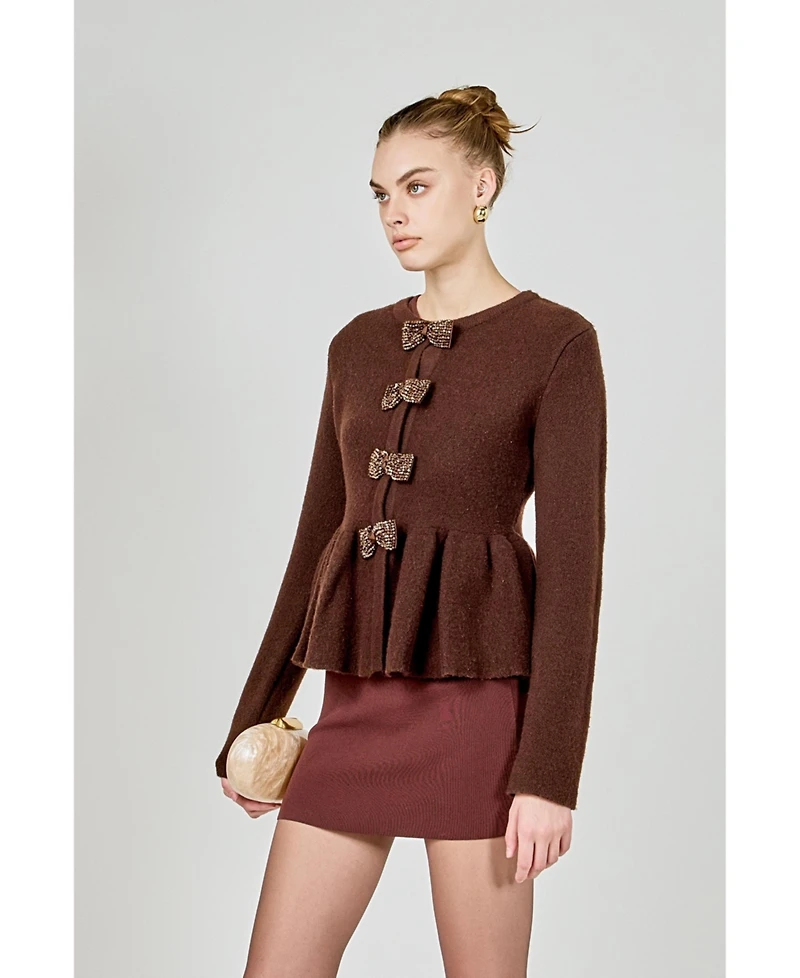 endless rose Women's Bow Trim Flared Cardigan