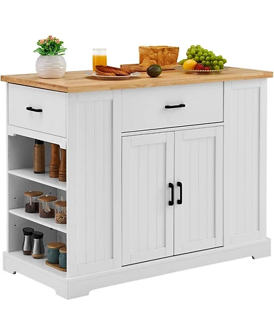 Volenca 46" Mdf, Rubberwood Kitchen Island Cart with Wood Top, Storage Cabinet, Adjustable Shelf, Drawer, Farmhouse Rolling Table