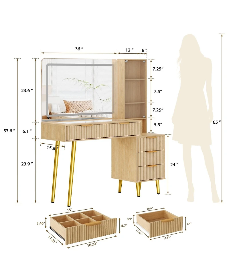 Gaomon 48" Makeup Vanity Desk with Glass Top, Led Mirror & Lights, 5 Drawers, Power Outlet – Modern Fluted Bedroom Design