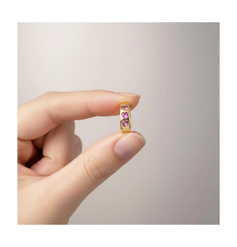 GiGiGirl Kids Young/Teens 14k Yellow Gold Plated with Heart Pink Cubic Zirconia Triple Stone Round Hoop Earrings