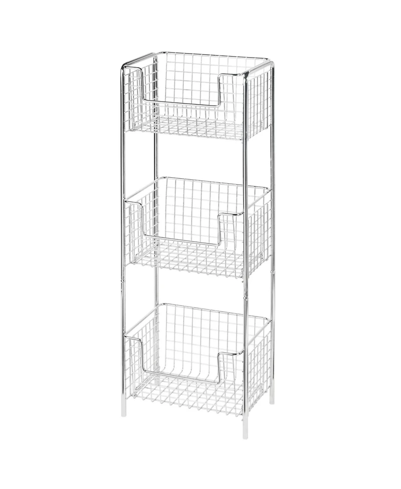 mDesign Steel Freestanding 3-Tier Storage Organizer Tower with Baskets - Chrome