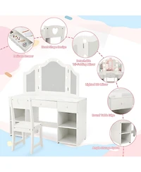 gaomon Kids Vanity Set with Mirror, 2-in-1 Wooden Toddler Vanity Table with Stool, Tri-Folding Mirror & Drawer, Removable Top