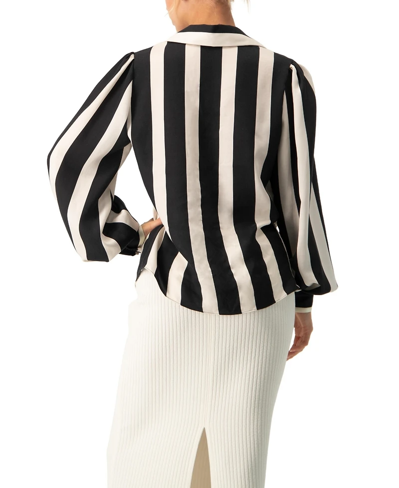 Ivonne Women's Collared Long Sleeve Striped Blouse