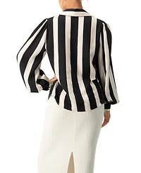 Ivonne Women's Collared Long Sleeve Striped Blouse