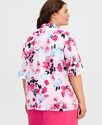 Kasper Plus Printed Short-Sleeve Tie-Neck Top