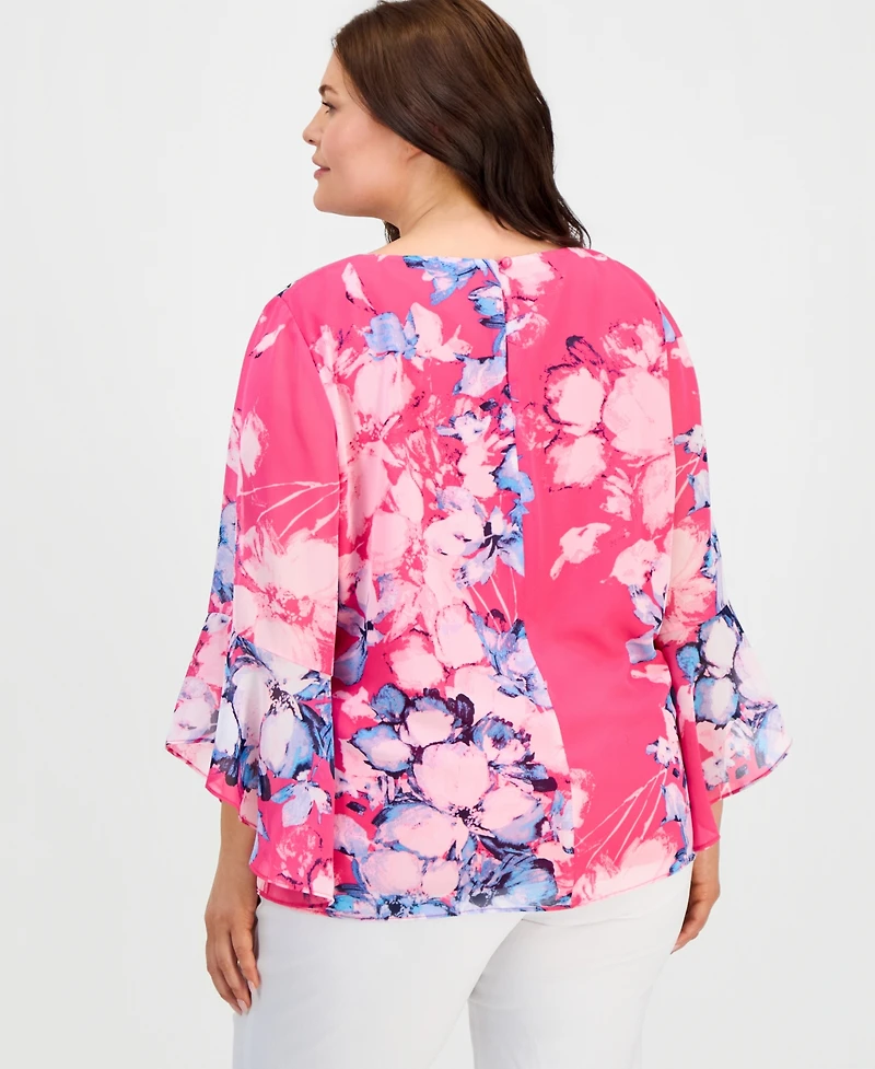 Kasper Plus Printed Ruffled 3/4-Sleeve Top