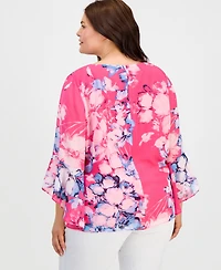 Kasper Plus Printed Ruffled 3/4-Sleeve Top