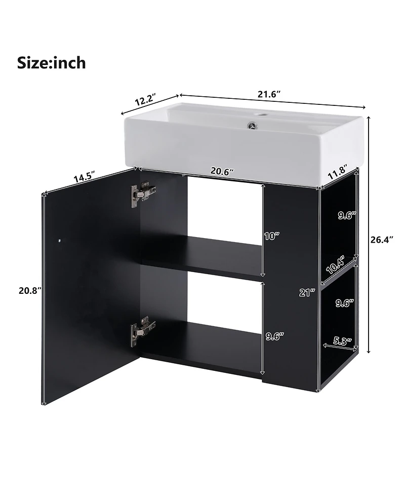 Cesicia 22 in. Modern Floating Bathroom Vanity with Ceramic Basin and Right Side Storage for Small Bathrooms