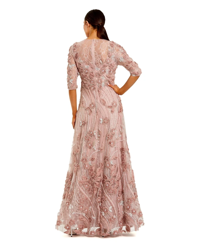 Mac Duggal Petite 3/4 Sleeve High Neck Embroidered A Line Gown