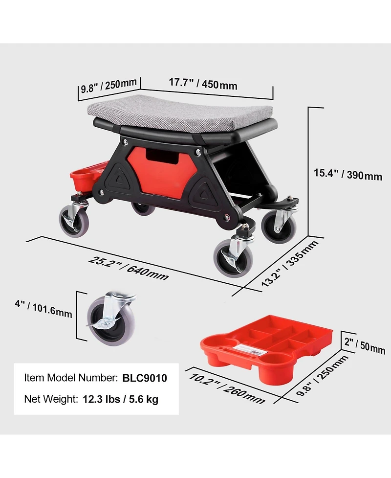 Mecale Rolling Mechanics Stool, 300-Lb Capacity, 4" Wheels, 3 Slide-Out Tool Trays & Drawer, Garage Seat