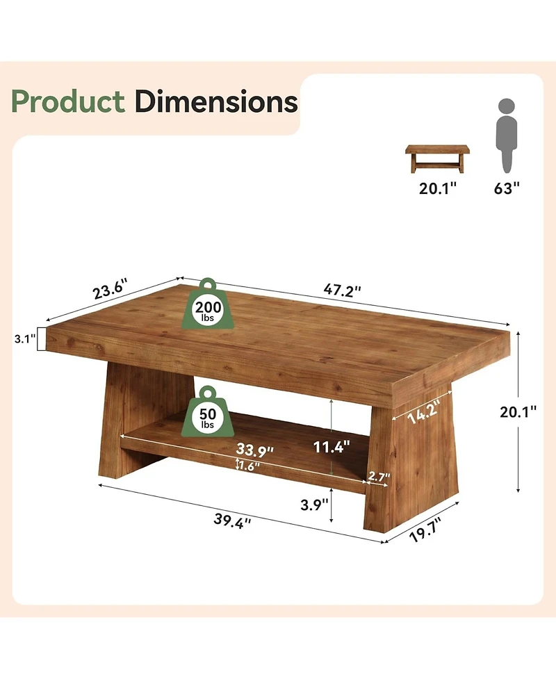 Tribesigns Solid Wood Coffee Table, 47-Inch Farmhouse Coffee Table with Storage, 2-Tier Rectangular Center Furniture, Natural Brown