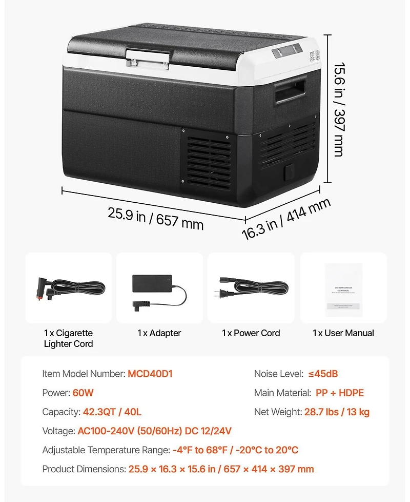Mecale 42.3QT/40L Car Refrigerator Freezer, -4°F to 68°F, 12/24V Dc & 100-240V Ac, Portable Compressor Cooler