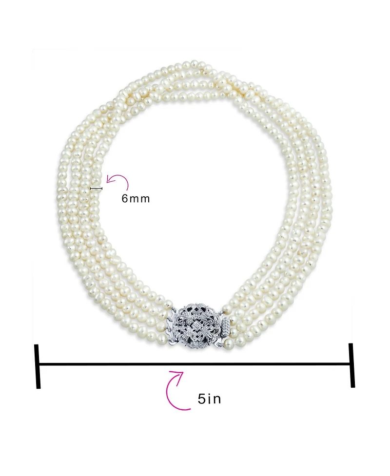 Bling Jewelry Art Deco Style White Freshwater Cultured Pearl Statement Multi Strand Necklace Floral Clasp