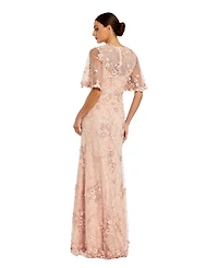 Mac Duggal Petite women's Flutter Sleeve Floral Embroidered Net Gown