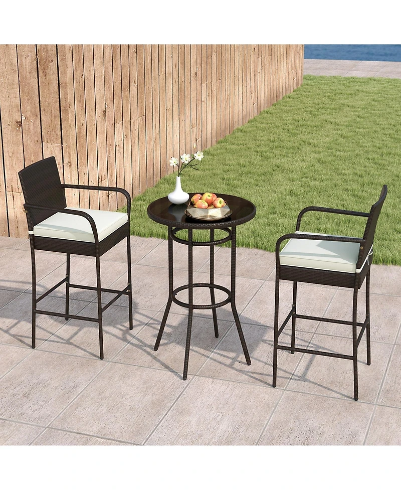 Slickblue Outdoor Rattan Bar Table Set with 2 Cushioned Chairs