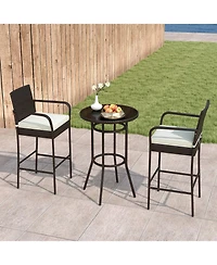 Slickblue Outdoor Rattan Bar Table Set with 2 Cushioned Chairs